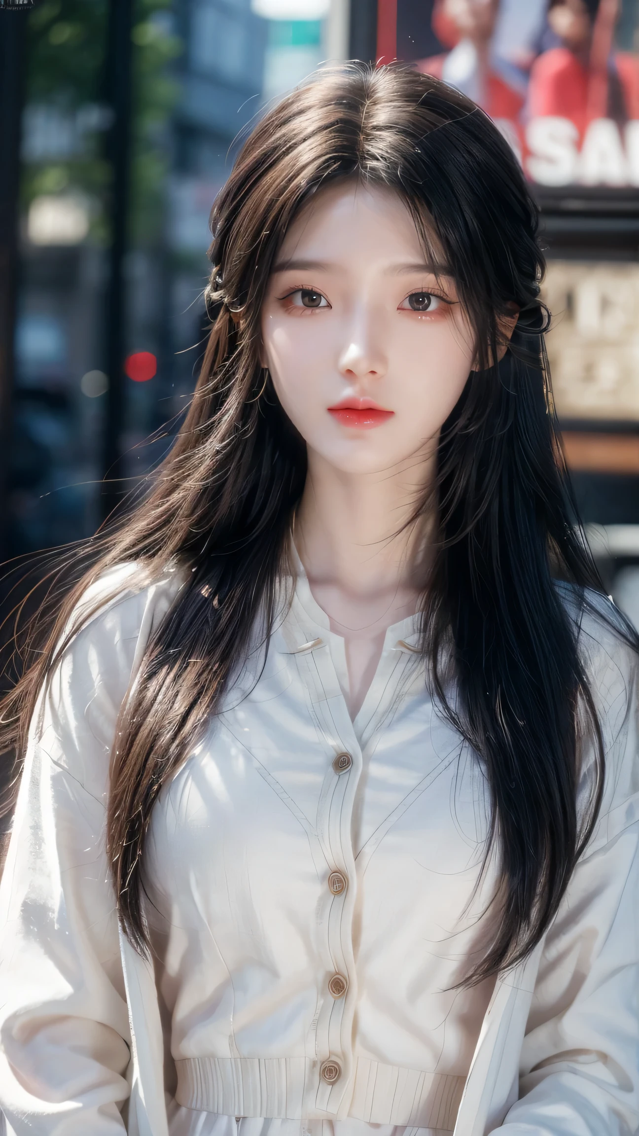 masterpiece, best quality, Ultra-high resolution (Reality: 1.4), original photo, 35mm lens, Aperture F1.4, Movie Posters, Light and Shadow, A girl, Wearing a white cardigan, Black long hair, Real skin, (Skin details: 1.3),