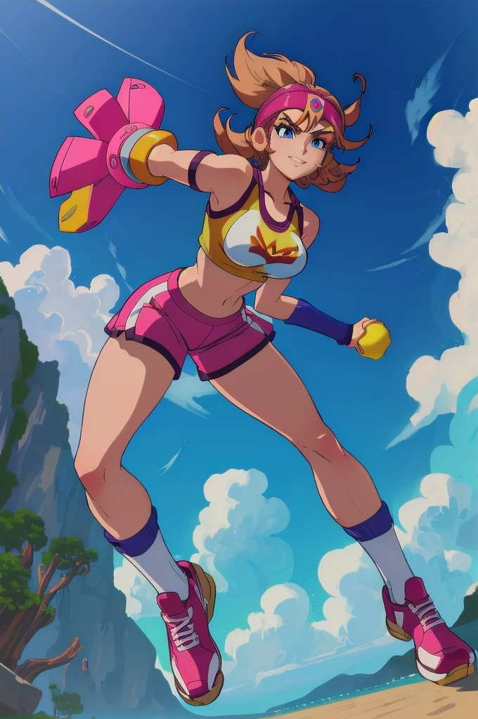 safe for work,(perfect composition),imagined a girl in extreme sport outfit playing to a flying disc game in a beach arena game sport, masterpiece, ultra-detailed, 80's anime (style), 2D, megapixel, perfectionism, full HD , 4K, (windjammers), windjammers sport game, windjammers 2 (((((solo mature anime woman,)))))++++++++++++++++++, looking at viewer, full body, brown hair and pink hair, short hair, weird hair, smile, lips, eyelashes, medium breasts, gym uniform, uniform, gym shorts, headband, sports bra, elbow pad, knee pad, extreme sports outfit 80's theme, beach background, playing flying disc game on a beach court game, sea, sun in the sky, sports wear