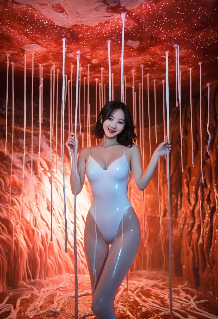 1 beautiful korean lady in a sexy leotard  and sexy leggings，solo，legging chain， holding hiny, with a smile, skewering many sausages with metal sticks and drenched with white cream, front view, fullbody， ((Best quality)), ((Masterpiece)), ((Realistic))，UHD，rich background, film shooting, depth of field, Super visual, touch of supernatural horror, insanely terrifying masterpiece，Pink cave, flowing white sticky lotion, flowing down in strands，,body glow，Glowing Line，fluorescence,Glow Example，Tracking example，flash， Backlight，translucent，light particles，Strange schizophrenic imagery fills the room, showing an eerie blood-red starry sky pattern and the walls are liquid