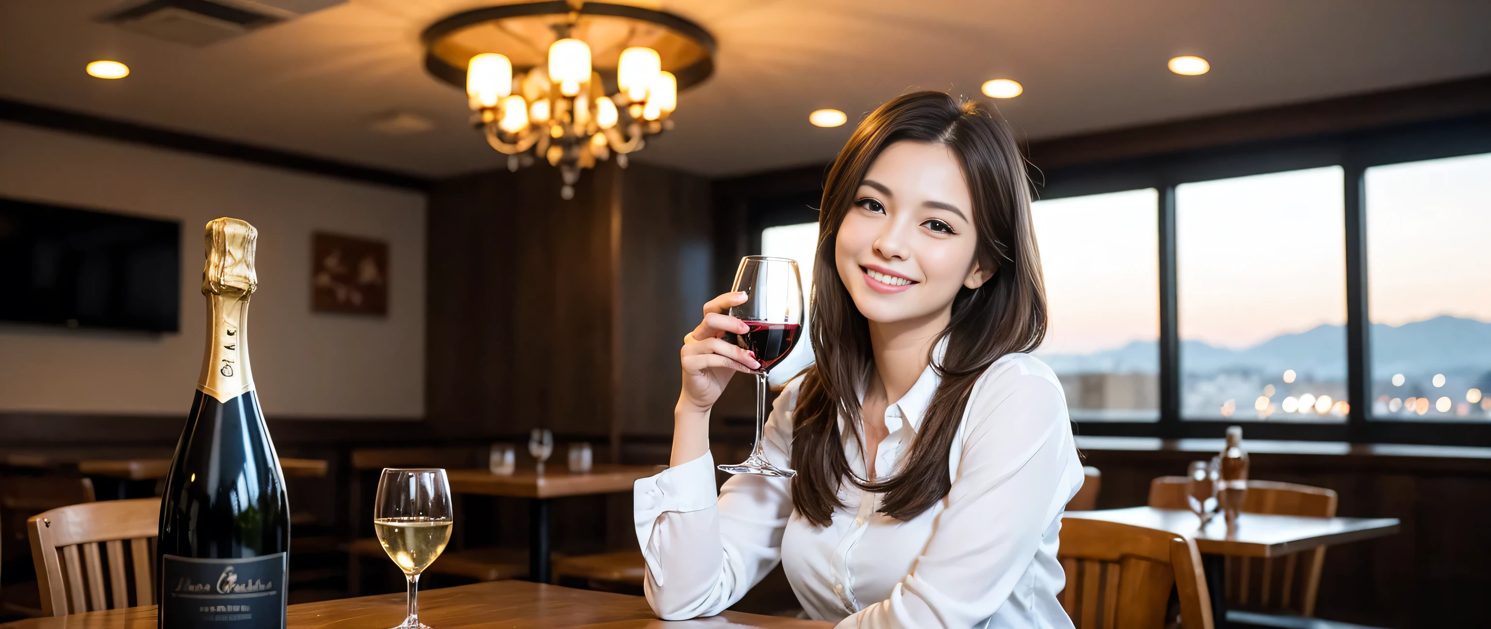 ((highest quality、8k、masterpiece:1.3))、1 male 1 female、Couple、lover、Couple、Slim body、((Bob Hale、Straight hair:1.2)), (Realistic, Intricate details:1.2), Wine glass on the table、Put the light on your face、 Amazing view of the sunset sky and clouds、Amazing mountain views、A bright smile、The wonderfulness of smile、Bright image、The beauty of wine, Beautiful Face, blue eyes, The light shines on your face, Blushing, short hair,Bright Face、 (Age 37), 39 years old, red wine 、Appetizers、Italian food、Wine bottle、Champagne、sparkling wine、Two beauties、Brown Hair、Shortcuts、Long sleeve shirt、dress、Pretty Woman 1, (Slim face), (The body is slim), (Brown Hair), (Shortcuts), cheeks turn a little red,Attractive beauty、restaurant, In a prominent place (From the waist up) Nova Frog Style, actress, model, Upper Body, White wine, slim, wine glass, A wine glass placed in the middle, smile, (smile: 1.15), Beautiful fine grain, Depth f/2,saturation, High Contrast, Strong light and shadow,Moist Body:1.5、3D texture、Delicate eyes、Brown Hair、The hair is very shiny、
