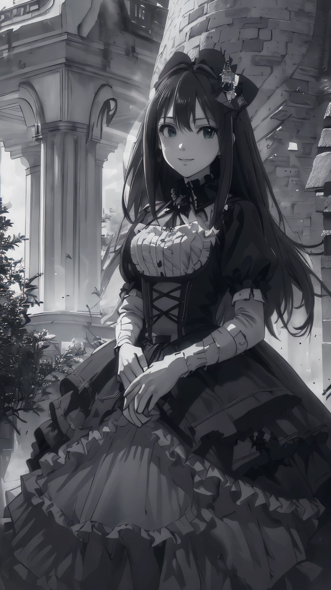 (((Top quality ultra detail,Unity 8k))),(((grayscale,Black and White))),(Gothic Lolita:1.2),long dress,Lace-up boots,smile,Wide Shot,((Outdoor)),Various poses,rin shibuya,High Contrast Lighting