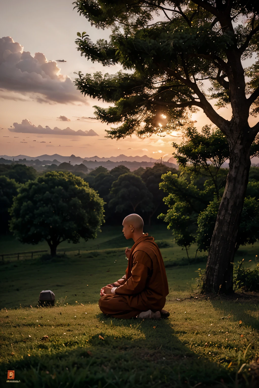 A monk meditates under a tree, hồ, wind, cloud, sunset, cinematic