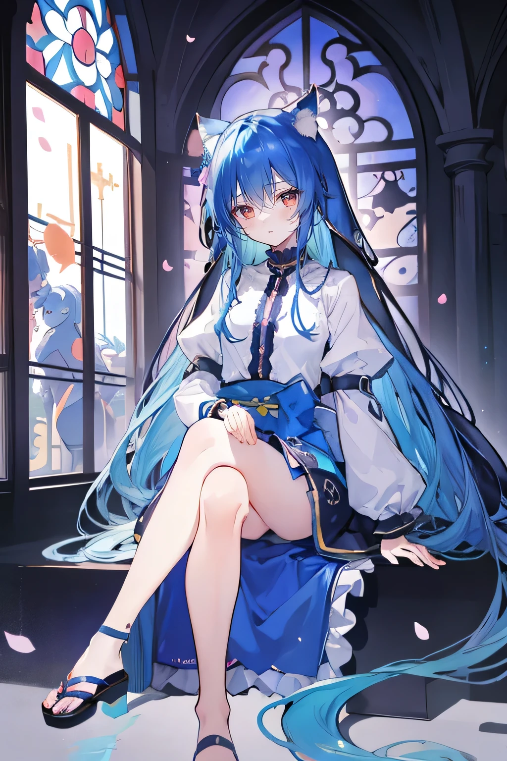 (masterpiece:1.2),Extremely detailed,Practical,expressive eyes,Fair skin,Perfect face shaping,1 Girl,
Japanese cartoons,Gorgeous blue hair, the long flowing blue hair,Floating clothes,Cat ears,Petals fall,beautiful lola,Young Angel,
Place your hands on your waist,sit elegantly on the ground,Cross your legs,Gentle and peaceful background,church,nun.