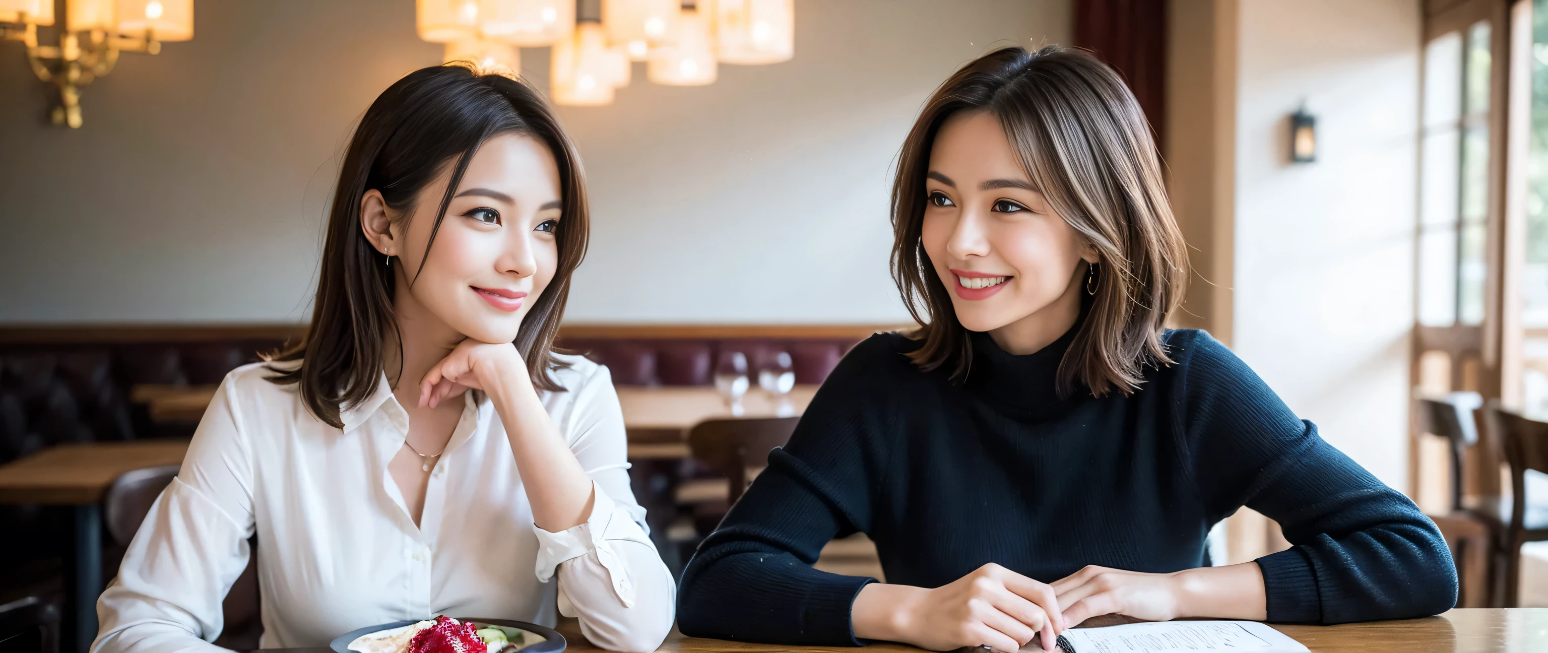((highest quality、8k、masterpiece:1.3))、1 male 1 female、Couple、lover、Couple、Slim body、((Bob Hale、Straight hair:1.2)), (Realistic, Intricate details:1.2), Wine glass on the table、Put the light on your face、 Amazing view of the sunset sky and clouds、Amazing mountain views、A bright smile、The wonderfulness of smile、Bright image、The beauty of wine, Beautiful Face, blue eyes, The light shines on your face, Blushing, short hair,Bright Face、 (Age 37), 39 years old, red wine 、Appetizers、Italian food、Wine bottle、Champagne、sparkling wine、Two beauties、Brown Hair、Shortcuts、Long sleeve shirt、dress、Pretty Woman 1, (Slim face), (The body is slim), (Brown Hair), (Shortcuts), cheeks turn a little red,Attractive beauty、restaurant, In a prominent place (From the waist up) Nova Frog Style, actress, model, Upper Body, White wine, slim, wine glass, A wine glass placed in the middle, smile, (smile: 1.15), Beautiful fine grain, Depth f/2,saturation, High Contrast, Strong light and shadow,Moist Body:1.5、3D texture、Delicate eyes、Brown Hair、The hair is very shiny、