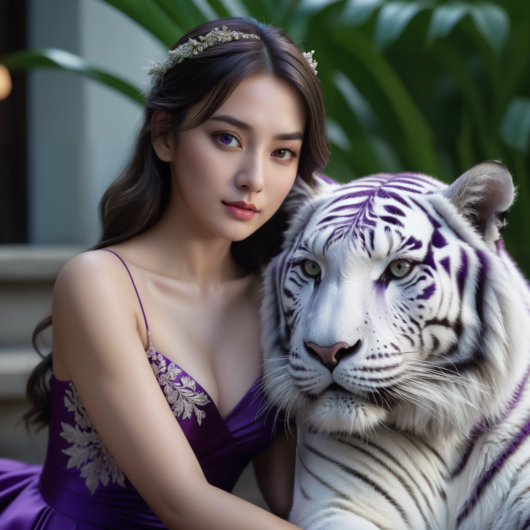 Realistic Photo Shot, (8K, Photorealistic, Top Image Quality: 1.4), Beautiful Woman, 25 Years Old, (Vibrant Purple Dress: 1.2), nearby sits big white tiger, Phase One XR IQ4 Camera Shot, Cinematic Light, Beautiful Face with Alluring Eyes, Intricate Detail Face, (Ultra-Detailed Skin: 1.3), Depth of Field, Wide Aperture