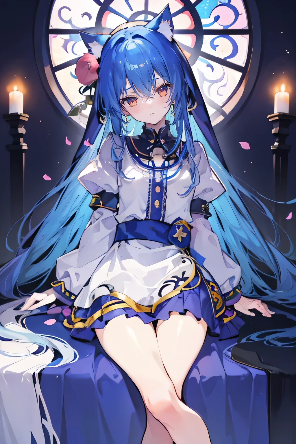 (masterpiece:1.2),Extremely detailed,Practical,expressive eyes,Fair skin,Perfect face shaping,1 Girl,
Japanese cartoons,Gorgeous blue hair, the long flowing blue hair,Floating clothes,Cat ears,Petals fall,beautiful lola,Young Angel,
Place your hands on your waist,sit elegantly on the ground,Cross your legs,Gentle and peaceful background,church,nun.
