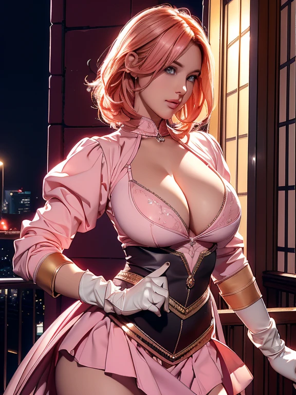 (best quality、high resolution、Ultra-realistic human expression、Delicate skin performance、 4 fingers and 1 thumb、masterpiece:1.2,)、1 girl,Cowboy shooting (((Large Breasts、Low-cut,Cleavage, Wide hips,)))(Long legs), Beautiful Nora_Valkyrie, Looking at the audience, Smile, short hair, blue eyes,heart motif, Gloves, Jacket, Pink skirt, Pink belt, Short sleeve, Puff sleeves, Single armband, fingerless Gloves, Orange Hair, pink Gloves, Dynamic poses, night, outdoor, City, (Volumetric Lighting), best quality, masterpiece, Intricate details, Tone Mapping, Clear focus, Very detailed, Popular content on ArtStation,