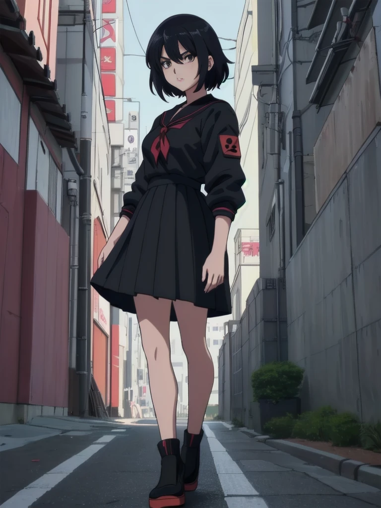 (perfect composition), (high resolution, masterpiece, ultra best quality, ultra HD, 4k,HD, high detailed ),anime character Sukeban delinquent girl  standing on a city street corner in black seifuku with black very long skirt, anime style. 8k, anime style mixed with fujifilm, retro anime girl, anime styled digital art, in tokyo, anime style illustration, anime style 4 k, anime style artwork, anime poster film still portrait, tokyo anime scene, modern anime style, anime style digital art, short hair, 26year old, red converse,