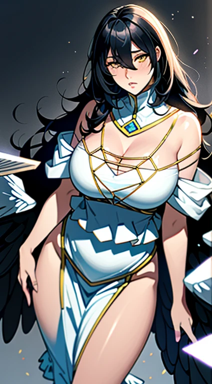 masterpiece, best quality, Extremely detailed, illustration, Epic Lighting, Composition, Isometric,(hexagon:1.2), 1 Girl, trumpet, Solitary, Yellow eyes, Black Hair, long hair, (Low Wing:1.2), University of Kili, Bare shoulders, Hair between the eyes,  (((Large Breasts、Low-cut，Cleavage, Wide hips,)))(Long legs), (White Dress:1.1), golden decoration, Separate collar, View Viewer, Eyes half-closed, (View Viewer:1.1), Open lips, blush, Black feathers falling, arena, Particle Effects, (8K:1.1)