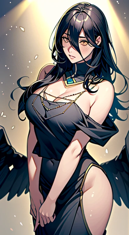 masterpiece, best quality, Extremely detailed, illustration, Epic Lighting, Composition, Isometric,(hexagon:1.2), 1 Girl, trumpet, Solitary, Yellow eyes, Black Hair, long hair, (Low Wing:1.2), University of Kili, Bare shoulders, Hair between the eyes, (((Large Breasts、Low-cut,Cleavage, Wide hips,)))(Long legs), (White Dress:1.1), golden decoration, Separate collar, View Viewer, Eyes half-closed, (View Viewer:1.1), Open lips, blush, Black feathers falling, arena, Particle Effects, (8K:1.1)