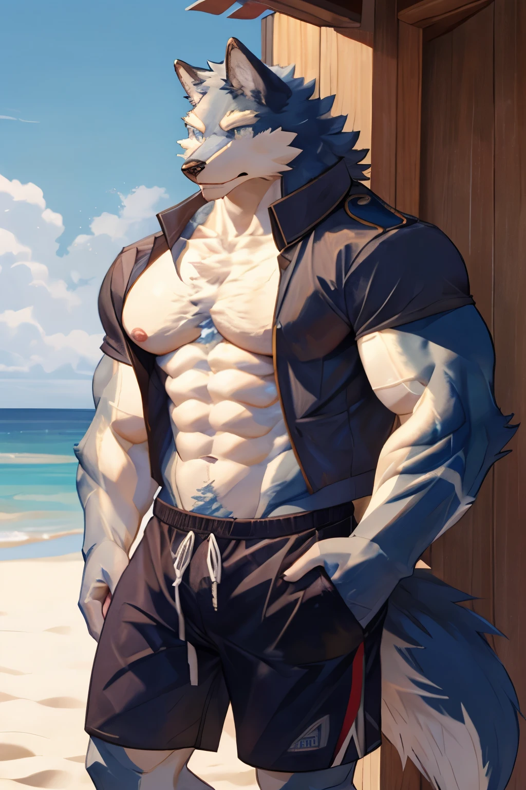 Muscular werewolf in beach shorts on the beach, Muscular body, Blue hair, Furry wolf, human wolf, Human Art, Anthropomorphic wolf man, Total commission, Hairy chest, puffy breasts, Hairy body, Furry art, very very beautiful Furry art, Furry art!!!, animal art, Golden pupils, Hairy all over, No clothing on the upper body, Furry wolf尾巴, Wolf paws, Furry Paws