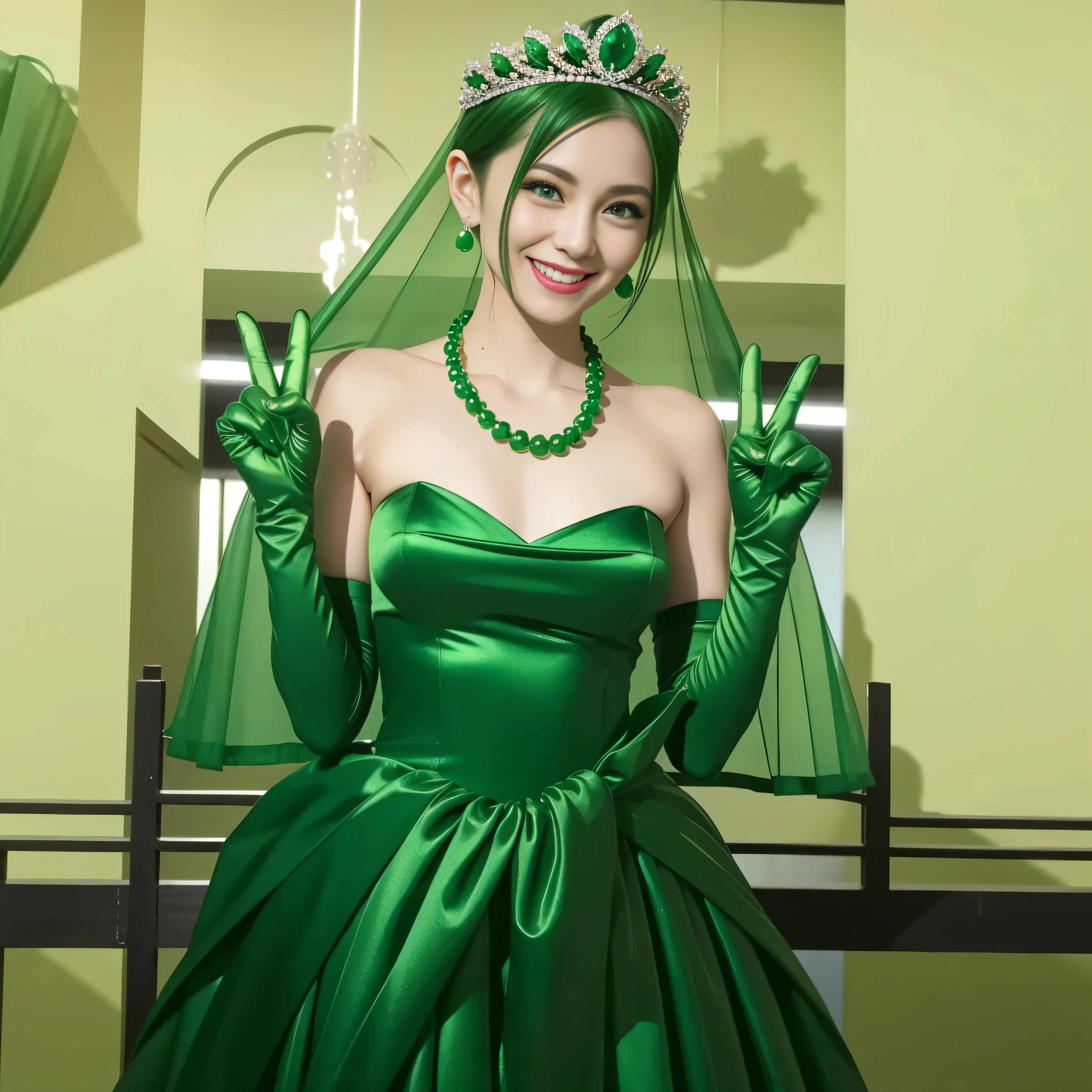 Emerald tiara, Green Pearl Necklace, Boyish very short green hair, lipstick, Smiling Japanese woman, Very short hair, Big and beautiful, Green Eyes, Long green satin gloves, Green Eyes, v sign, Emerald Earrings, Green veil