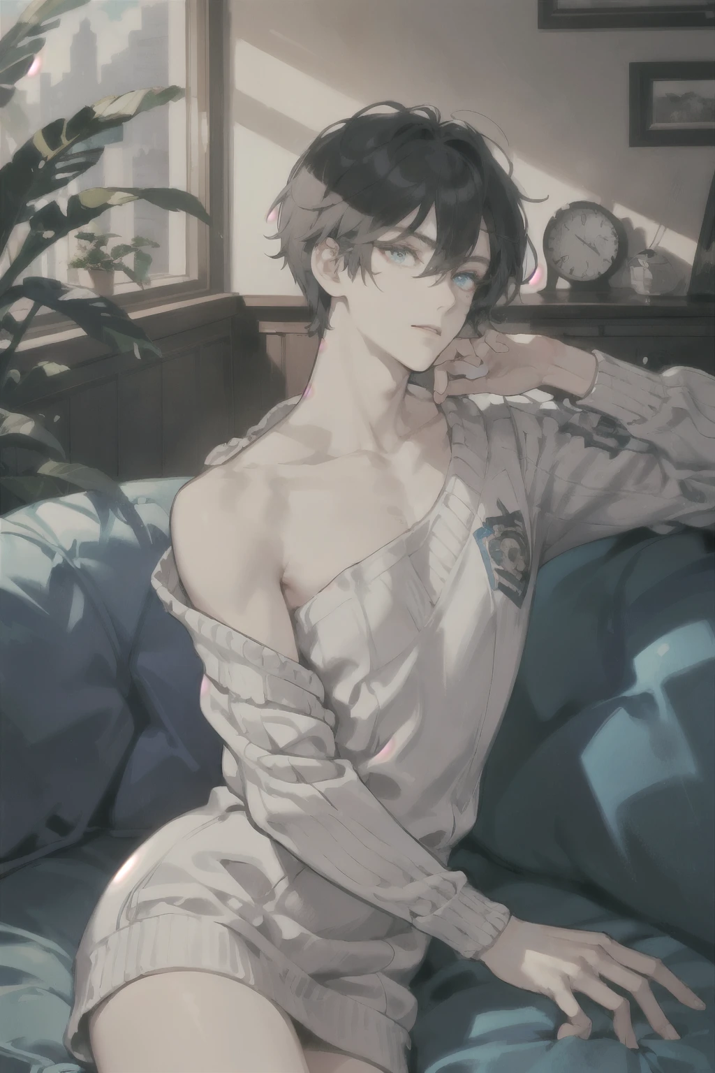masterpiece, best quality, ultra detailed, (solo man), (male focus), ((Oblong face)), ((Square jawline)), black hair, ((hairs between eyes)), ((shoulder length)), ((narrow blue eye)), fair skin, skinny body, beauty mark, sitting on sofa, {uniform, outfit, clothes}, sweater