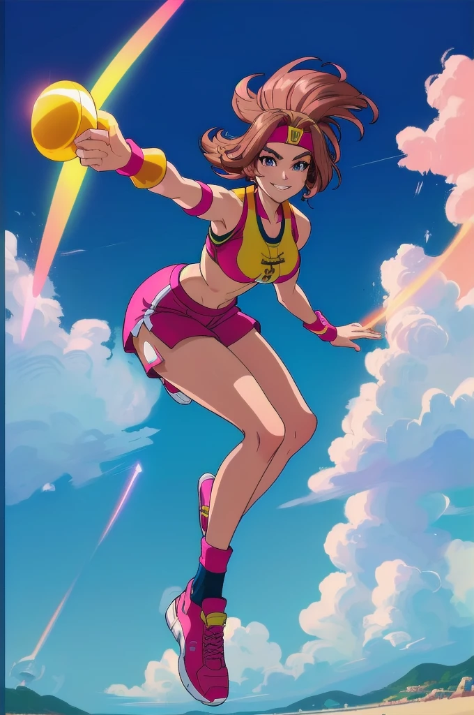 safe for work,(perfect composition),imagined a girl in extreme sport outfit playing to a flying disc game in a beach arena game sport, masterpiece, ultra-detailed, 80's anime (style), 2D, megapixel, perfectionism, full HD , 4K, (windjammers), windjammers sport game, windjammers 2 (((((solo mature anime woman,)))))++++++++++++++++++, looking at viewer, full body, brown hair and pink hair, short hair, weird hair, smile, lips, eyelashes, medium breasts, gym uniform, uniform, gym shorts, headband, sports bra, elbow pad, knee pad, extreme sports outfit 80's theme, beach background, playing flying disc game on a beach court game, sea, sun in the sky, sports wear