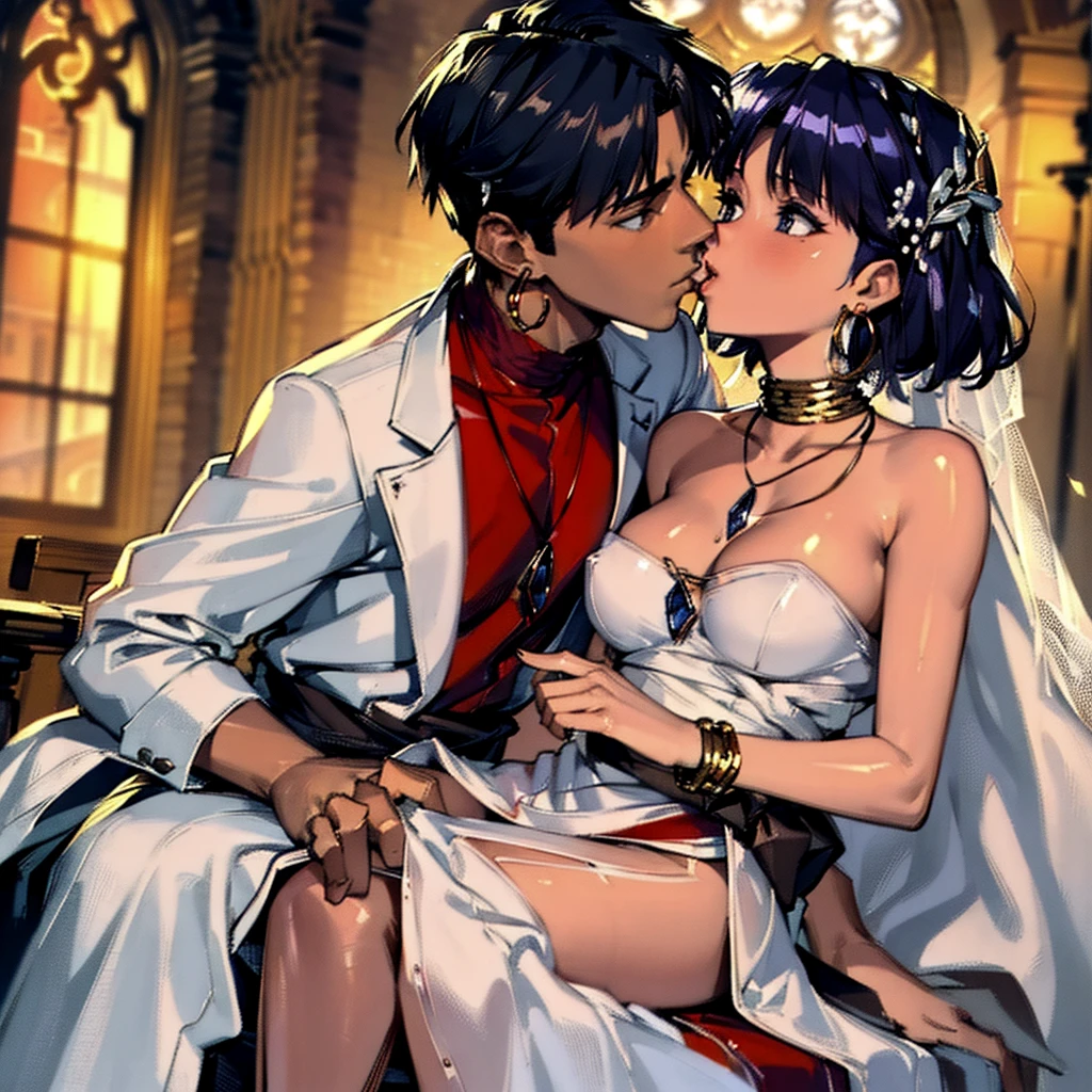 ((highest quality)), ((masterpiece)), (detailed), (Perfect Face)、The woman is Nadia, a woman with short, purple-black hair who is the number one mistress of a wealthy man and receives all of his sexual adoration.、The woman wears jeweled earrings and necklaces, as well as bracelets, waist chains, and headdress chains.、The woman is the mistress of a wealthy man, and she wears a gorgeous white voluminous wedding dress and wedding veil at a church wedding venue, and gets married to the wealthy man in a white tuxedo, and they kiss in exchange for their vows.