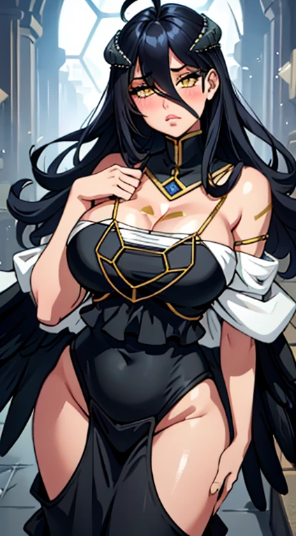 masterpiece, best quality, Extremely detailed, illustration, Epic Lighting, Composition, Isometric,(hexagon:1.2), 1 Girl, trumpet, Solitary, Yellow eyes, Black Hair, long hair, (Low Wing:1.2), University of Kili, Bare shoulders, Hair between the eyes,  (((Large Breasts、Low-cut，Cleavage, Wide hips,)))(Long legs), (White Dress:1.1), golden decoration, Separate collar, View Viewer, Eyes half-closed, (View Viewer:1.1), Open lips, blush, Black feathers falling, arena, Particle Effects, (8K:1.1)