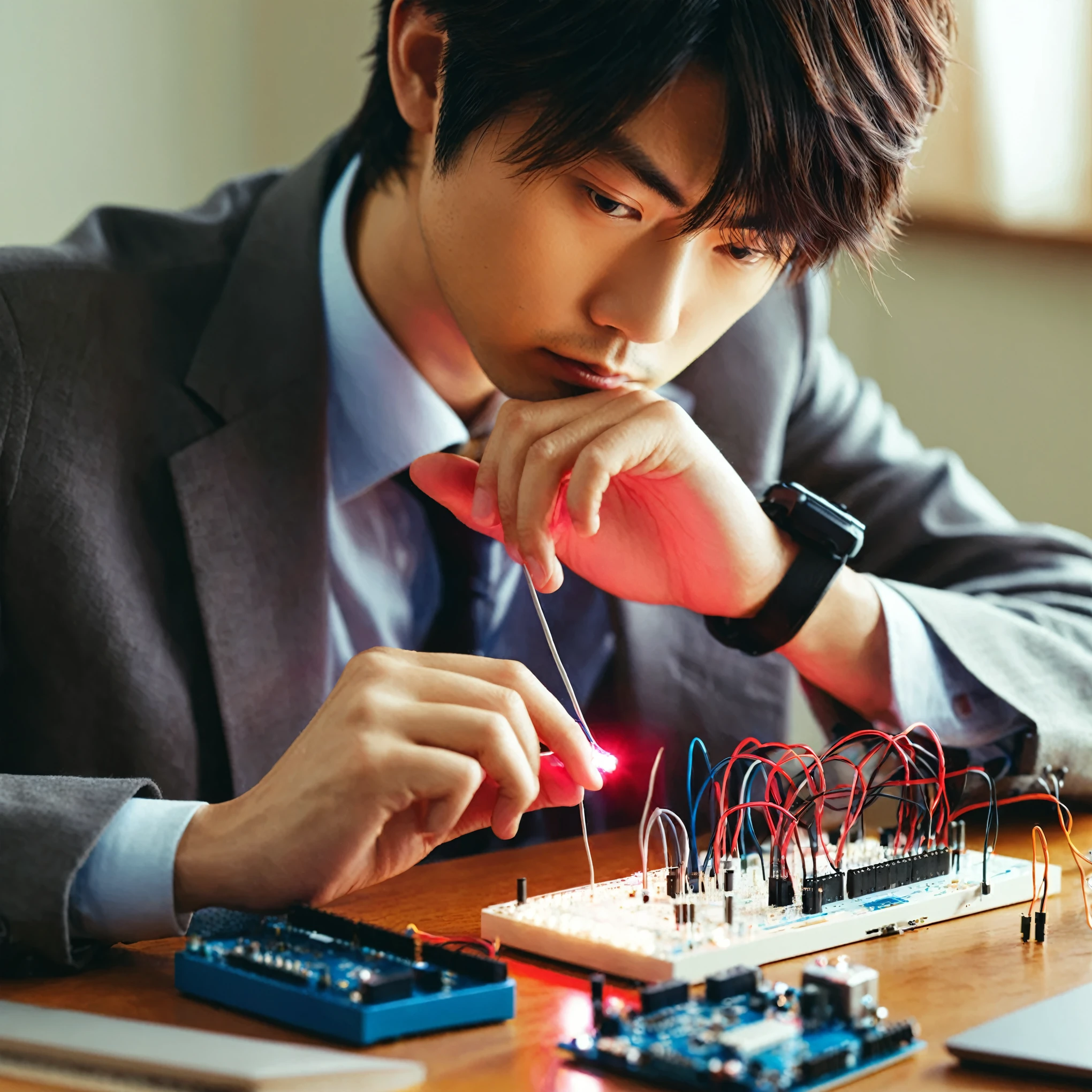 スーツを着てcircuit基板で作業するアラビアの男性, circuit, electronic circuit, Reveal wires and electronics, circuit, The future coderman looks on, Using a synthesizer, concentrated, covered in circuit, Japan Engineering, Kosuke Ono, Creative computer coder,photograph,8K,3D, portrait,photograph,highest quality,Realistic skin texture