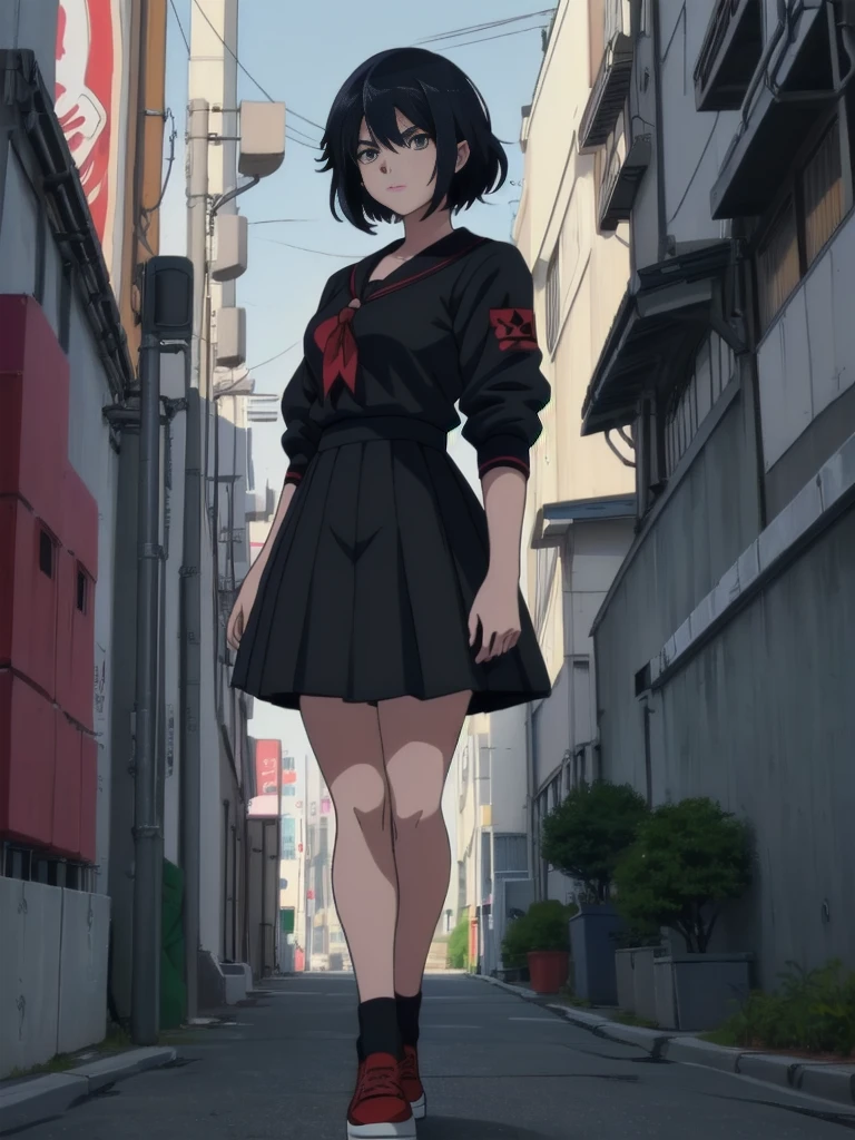 (perfect composition), (high resolution, masterpiece, ultra best quality, ultra HD, 4k,HD, high detailed ),anime character Sukeban delinquent girl  standing on a city street corner in black seifuku with black very long skirt, anime style. 8k, anime style mixed with fujifilm, retro anime girl, anime styled digital art, in tokyo, anime style illustration, anime style 4 k, anime style artwork, anime poster film still portrait, tokyo anime scene, modern anime style, anime style digital art, short hair, 26year old, red converse,