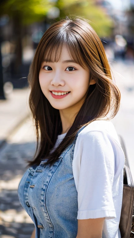 A girl named Sakura, Medium Hair, Brown Hair, Wavy Hair, 23 years old, Big Breasts, thin, Smiling with teeth showing, Subjective perspective, Backlight Flare, debt/2.0, 105mm, Olympus, UHigh resolution, retina, masterpiece, Accurate, Anatomically correct, Textured skin, Super detailed, Attention to detail, high quality, 最high quality, High resolution, Medium Hair, Brown Hair, Wavy Hair, 23 years old, Big Breasts, thin, 1080p, High resolution, 4K, 8k, jeans, T-Shirts