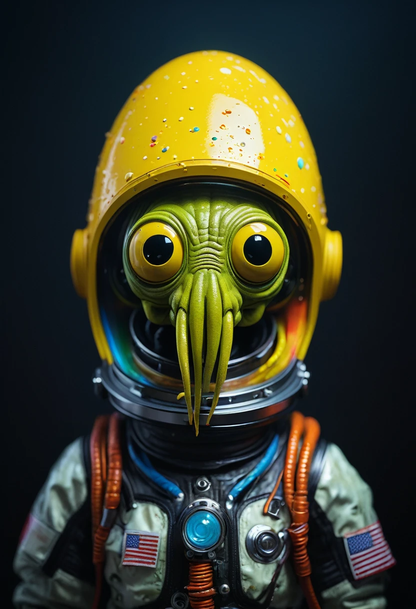 8K, ARTISTIC photogrAphy, best quAlity, mAsterpiece: 1.2), A (potrAit:1.2) Don Bluth Style ASTRONAUT Cthulhu black Toon Doll, full body RAW candid cinema, yellow hair, 16mm, color graded portra 400 film, remarkable color, ultra realistic, sad admosphere, dark lighting, oppressive atmosphere, depressive colors, kodak portra 400, photograph,r, Natural Light, Pinhead lighgts, blur reflection, Brush Strokes, Smooth, abstract, Splatter, Oil On Canvas, rainbow colors, fractal isometrics details bioluminescens : a stunning realistic photograph of wet bone structure, 3d render, octane render, intricately detailed, titanium decorative headdress, cinematic, trending on artstation | Isometric | Centered