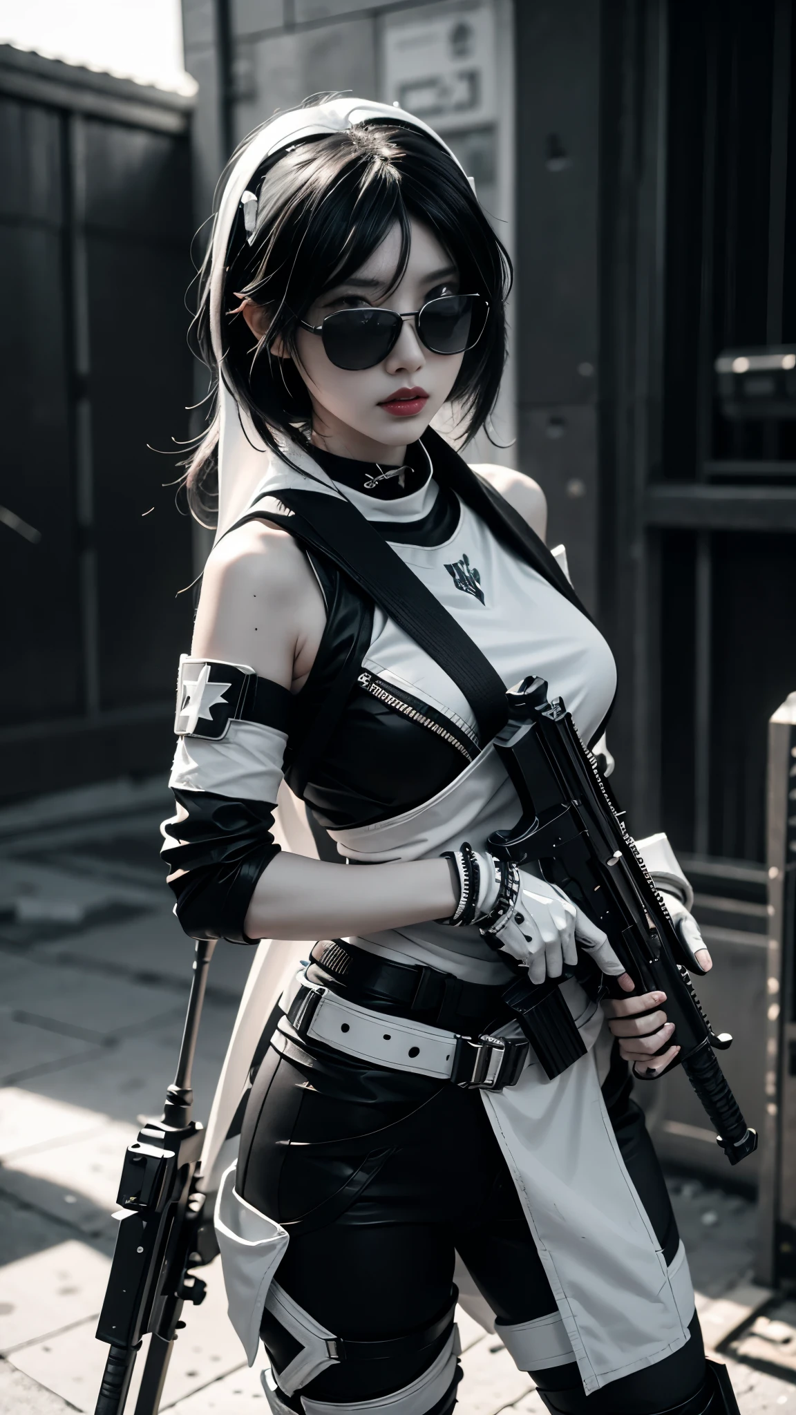 8K, UHD, masterpiece, 1 girl, detailed face, smart face, ((sunglasses)), detailed eyes, sniper rifle in hand, battleroyal, call of duty cosplay, call of duty modern warfare 3, ((ghost tribe)), ((black and white cosplay:1.5)), belts, gun, methic gun, futuristic art, cyberpunk lihting, ultra extreme graphics, RTX 4090, ray tracing, bloom, depth of field, motion blur,