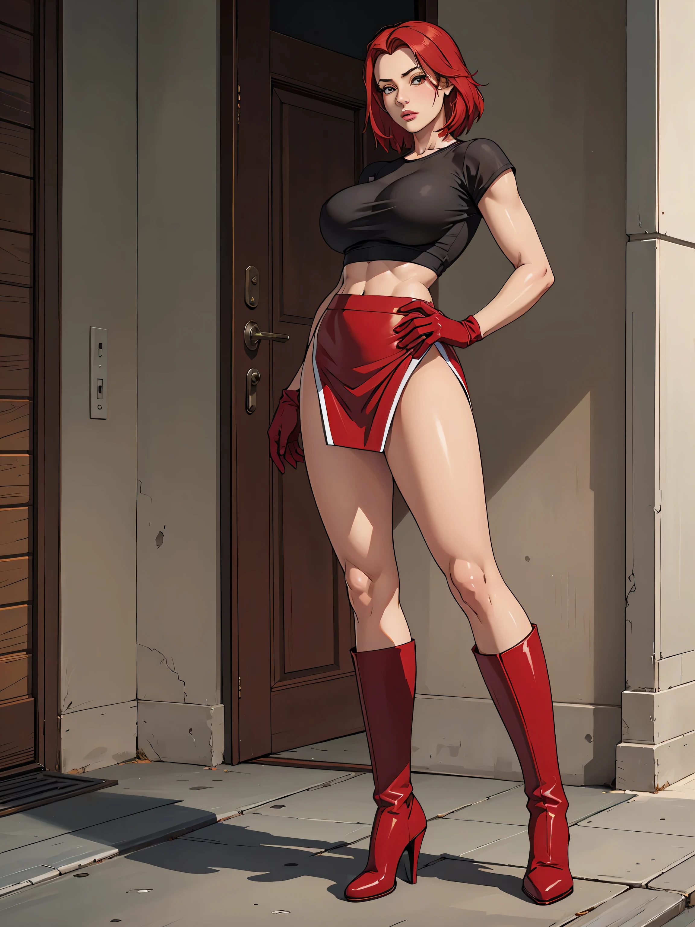 Full body, realistic, (1 beautiful woman, solo: 1.1), big breasts, red hair, red crop top, red skirt, red gloves, red high heel boots