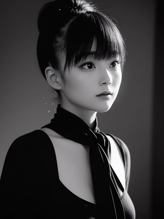 (woman), ((Black and White)), Artistic, ((monochrome)), クラchic, elegant, Contrast, shadow, highlight, dramatic, timeless, of the era, chic, Soft Focus, silhouette, Minimalist, Charm, Sophisticated, Portrait, beauty, details, composition, Light and shadow, texture, emotion, depth, simple, Shades, Vivid, High contrast, stylish