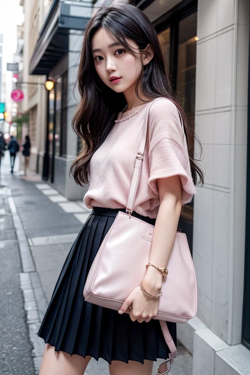 girl、Stylish、fashion、dress、Pleated skirt、pink、Long Black Hair