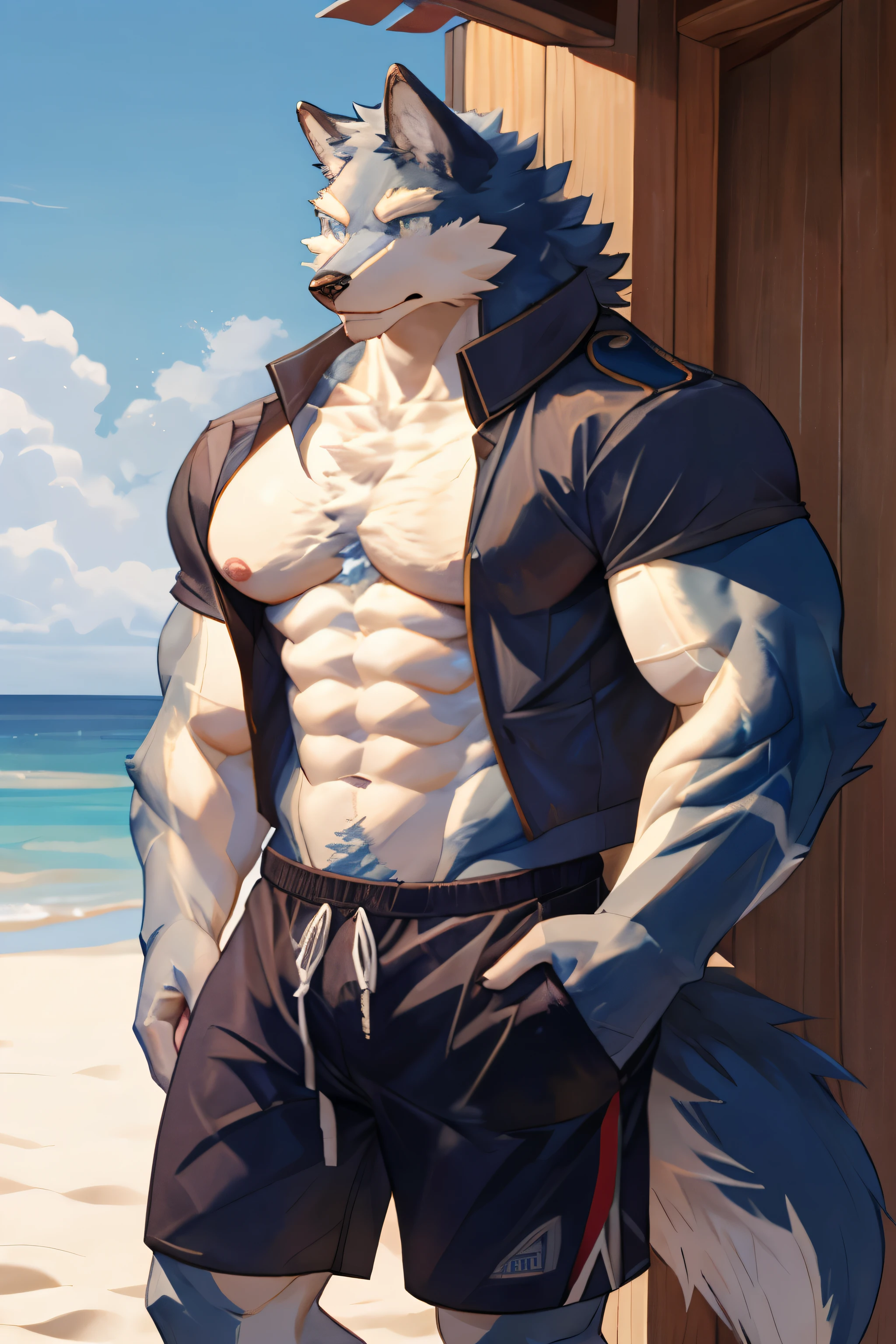 Muscular werewolf in beach shorts on the beach, Muscular body, Blue hair, Furry wolf, human wolf, Human Art, Anthropomorphic wolf man, Total commission, Hairy chest, puffy breasts, Hairy body, Furry art, very very beautiful Furry art, Furry art!!!, animal art, Golden pupils, Hairy all over, No clothing on the upper body, Furry wolf tail, Wolf paws, Furry Paws