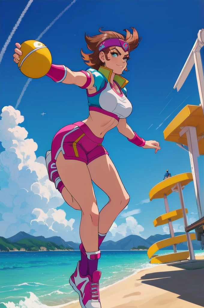 safe for work,(perfect composition),imagined a girl in extreme sport outfit playing to a flying disc game in a beach arena game sport, masterpiece, ultra-detailed, 80's anime (style), 2D, megapixel, perfectionism, full HD , 4K, (windjammers), windjammers sport game, windjammers 2 (((((solo mature anime woman,)))))++++++++++++++++++, looking at viewer, full body, brown hair and pink hair, short hair, weird hair, smile, lips, eyelashes, medium breasts, gym uniform, uniform, gym shorts, headband, sports bra, elbow pad, knee pad, extreme sports outfit 80's theme, beach background, playing flying disc game on a beach court game, sea, sun in the sky, sports wear