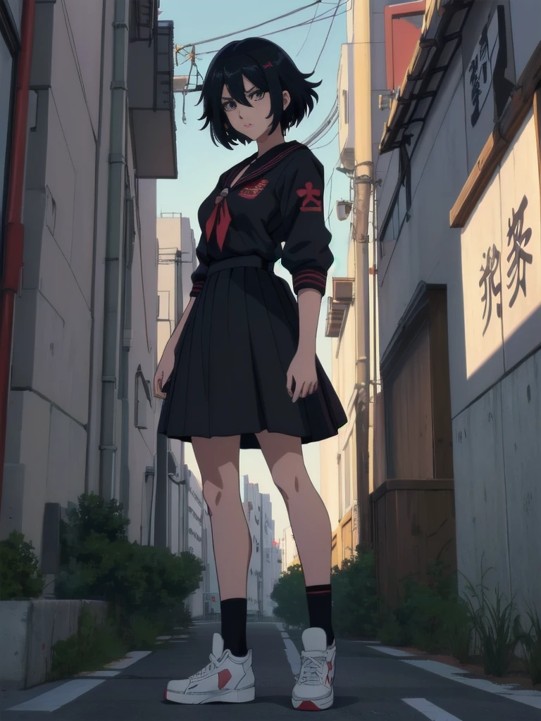 (perfect composition), (high resolution, masterpiece, ultra best quality, ultra HD, 4k,HD, high detailed ),anime character Sukeban delinquent girl  standing on a city street corner in black seifuku with black very long skirt, anime style. 8k, anime style mixed with fujifilm, retro anime girl, anime styled digital art, in tokyo, anime style illustration, anime style 4 k, anime style artwork, anime poster film still portrait, tokyo anime scene, modern anime style, anime style digital art, short hair, 26year old, red converse,