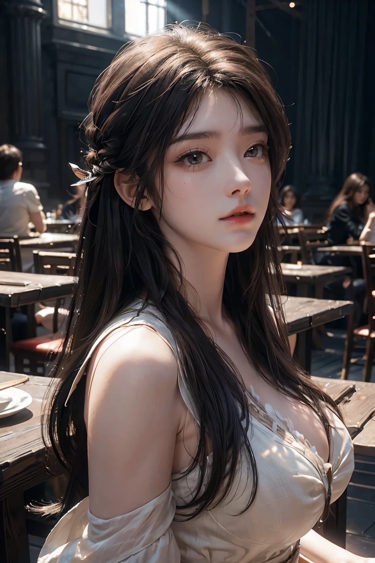 8k, masterpiece, RAW photo, best quality, photorealistic, extremely detailed CG unity 8k wallpaper, Depth of field, Cinematic Light, Lens Flare, Ray tracing, (extremely beautiful face, beautiful lips, beautiful eyes), intricate detail face, ((ultra detailed skin)), best quality, Masterpieces, Super high resolution, (photograph realistic:1.5), Original image, luxury long dress, 1girl, offshoulder, In the dark, deepshadow, low tune, Cold light, Sexy look, long whitr hair,Cafe,pretty,lim light,swirling hair, medium shot, big breast.