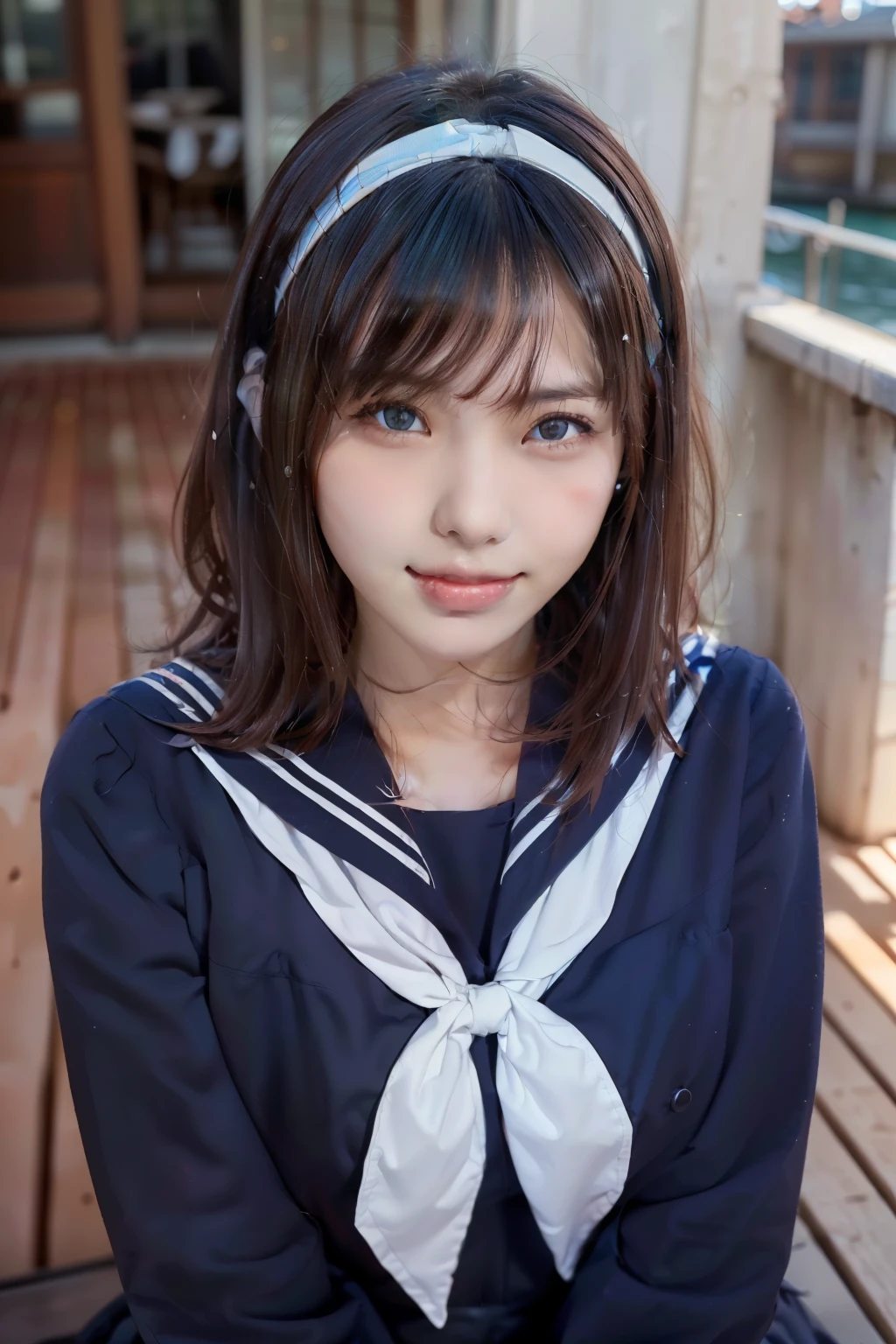 Sailor suit, One Woman, (Beautiful woman, delicate :1.3), Black Hair, Bobcut, bangs, (8k), (highest quality: 1.2), (Realistic), (Realistic: 1.37), (masterpiece), (Ultra-high resolution), (RAW Photos), (Absolute Resolution), (((face is small compared to body: 1.4))), (((Small face:１.4))), A balanced face, (Small Mouth: 1.4), ((Slim female body: 1.4)), Black Hair, (((long sleeve Sailor suit))), Realistic女子高生, (((White headband))), Small breasts, Slanted Eyes, Bright Blue Eyes, (Cafe on the open terrace), Open your mouth, smile, Blurred, ((Full Body Shot)), Black Stockings, Black garter belt, Sailor suitの襟に3本の白い線, cowboy shot, 
