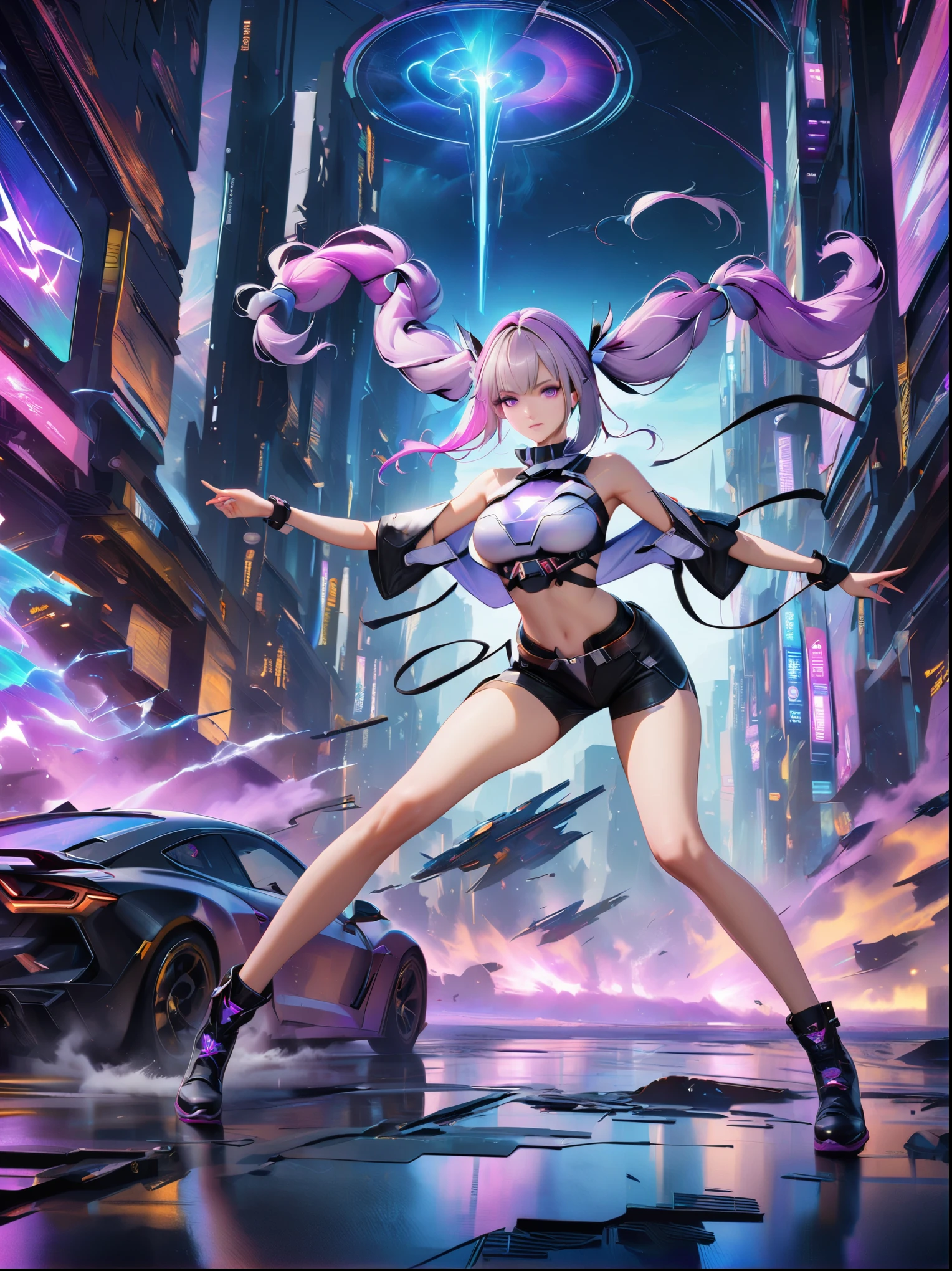 1girl, Purple Hair, Purple Eyes, White long hair, Double ponytails, Gradient hair, brave, White Mech SuitBREAK Black Mech Shorts, (Fighting with a boy:1.5)，panoramic，whole body，Starry Sky，Cyber War Background，Complex atmosphere，Cyberpunk，electric，Fantasy, (UHD, masterpiece, ccurate, anatomically correct, best quality, 8k), 1yj1