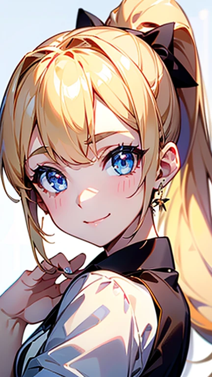 Best quality , masterpiece, Portrait、、Bright expression、ponytail、Young, shiny, white, glossy skin、Gloss Face、Shining Cheek Gloss、Small Face Beauty、The best beauty、The dazzling light of blonde hair、Bright blonde hair with dazzling highlights、Very beautiful shiny light blonde hair、super long silky straight hair、Her shiny, beautiful bangs are covering her eyes.、Sparkling, clear, attractive, bright, large, pale blue eyes、Very big eyes、eyeliner、very beautiful lovely cute 16 year old girl、young girl, Ample Bust, upper body , (smile:1.2) , ((((playing golf , ponytail ))))