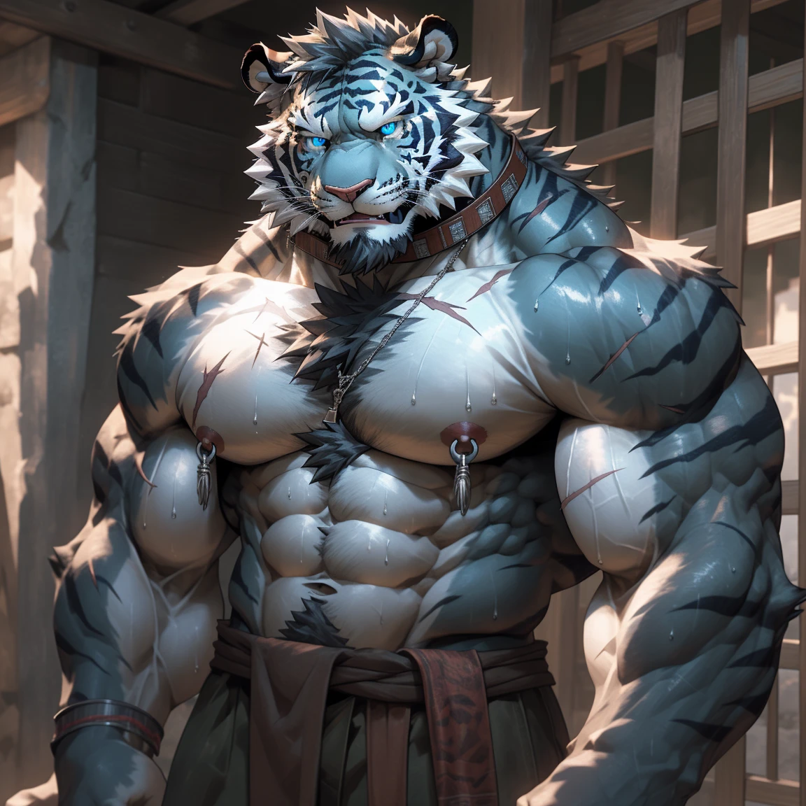 sweaty muscular naked upper body in village cage hairy anthropomorphic chest hair serious face（Scar on face） Mature （Blue eyes）Huge muscular ripped abs wearing collar and nipple rings wild，Tiger of tribal ambition