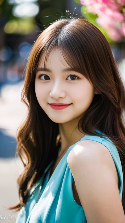 A girl named Sakura, Medium Hair, Brown Hair, Wavy Hair, 23 years old, busty, Slender, Round face, drooping eyes, winking smile, POV, lens flare, f/2.0, 105mm, Leica, UHD, retina, masterpiece, ccurate, anatomically correct, textured skin, super detail, high details, high quality, best quality, highres, 1080P, HD, 4K, 8k, evening gown