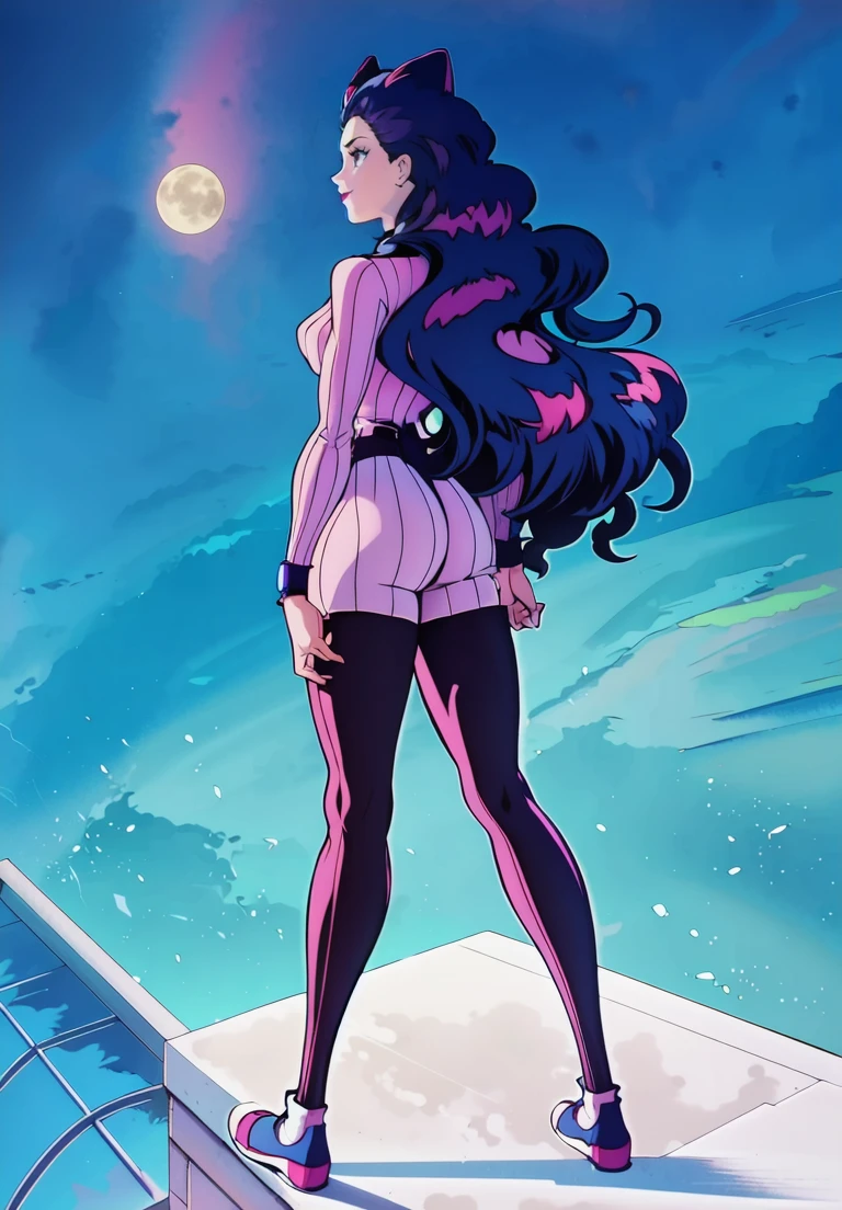 Koan, smile, closed mouth, dark moon on forehead , (magical, magnificent, masterpiece:1.3), full body view, pink stripe bodysuit , tights clouse, rooftop background, dark curvy skirt, ass, back view 