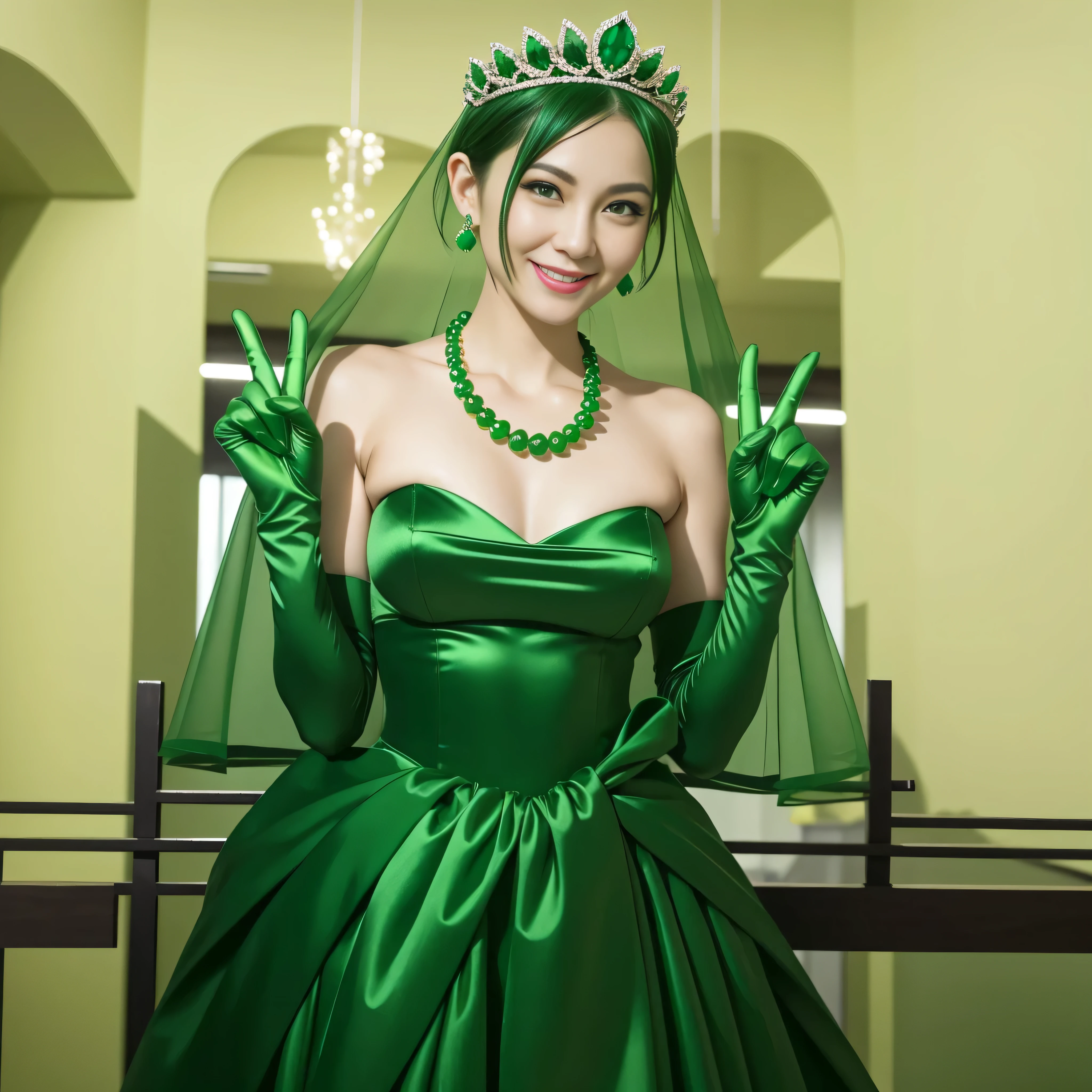 Emerald tiara, Green Pearl Necklace, Boyish very short green hair, lipstick, Smiling Japanese woman in her 30s, Very short hair, Big and beautiful, Green Eyes, Long green satin gloves, Big Breasts, v sign, Emerald Earrings, Green veil