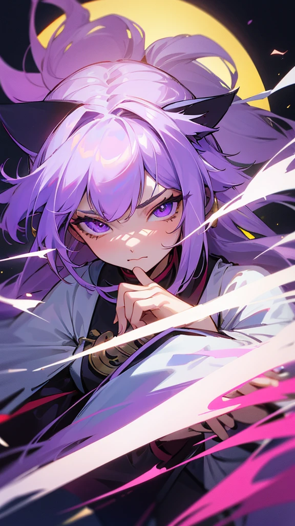 highest quality Neutral face woman I have long hair kind Odd Eye one person White and purple hair Miko costume beautiful girl Cat ear Unfriendly