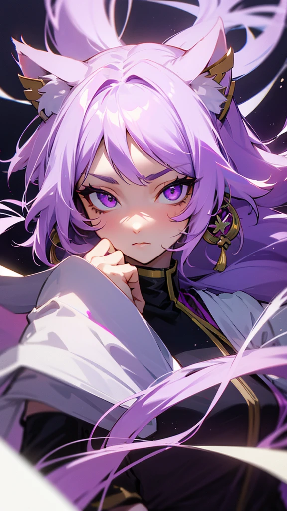 highest quality Neutral face woman I have long hair kind Odd Eye one person White and purple hair Miko costume beautiful girl Cat ear Unfriendly
