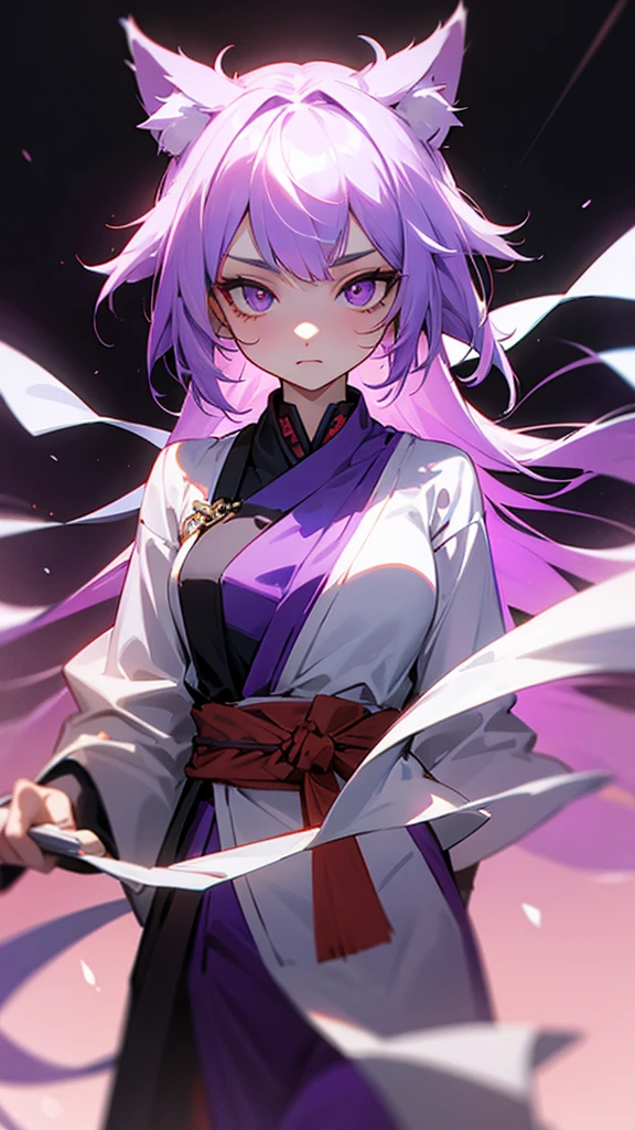 highest quality Neutral face woman I have long hair kind Odd Eye one person White and purple hair Miko costume beautiful girl Cat ear Unfriendly