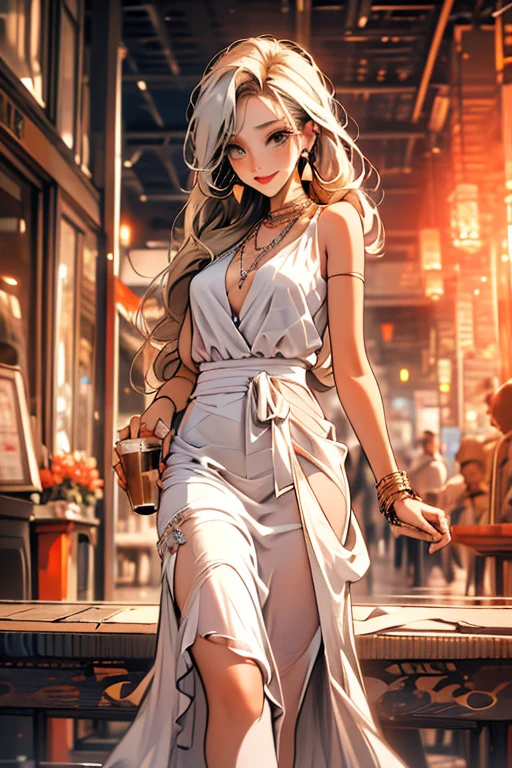 Relaxed character and white cat Best quality,tmasterpiece,Ultra-high resolution fills the picture,Indoor at night,Cafe in the sky,Orange color scheme for the café,There was coffee and wine,the night,inside in room,Coffee machine,Coffee lockers,Orange neon color scheme,Silver-white hair,Black fashion clothing,Orange and black matching outfits,boxer,Cafe beautiful girl,cyberpunk backgrouns,The background is colorful,Lateral face,Smiling,Various laid-back poses,Perfect makeup,Love eyes,8K quality,cyber punk perssonage,sense of science and technology,Character backlighting,rim-light,Movement changes,Flowing hairstyle,Loose hairstyle,The number of fingers is refined,The most beautiful girl in mankind,Wearing earphones,Luminous accessories,Luminous earrings,Wear delicate accessories,Delicate close-up of the face,Realistic image quality,Super light and shadow,Very good figure,Meticulous,Have a cup or coffee on the roof in the evening,Very good figure,Raised sexy,luminous,Cool,Very stylish café,Cafe at night,Ray gorgeous,Have food,Laugh happily,