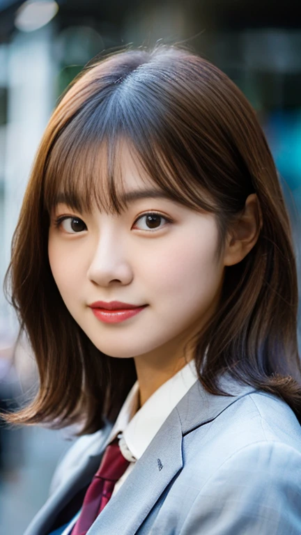 A girl named Sakura, Medium Hair, Brown Hair, Wavy Hair, 23 years old, busty, Slender, Round face, drooping eyes, curly smile, subjective perspective, Soft Flare, f/2.2, 200mm, Canon, UHD, retina, masterpiece, ccurate, anatomically correct, textured skin, super detail, high details, high quality, best quality, highres, 1080P, HD, 4K, 8k, business attire
