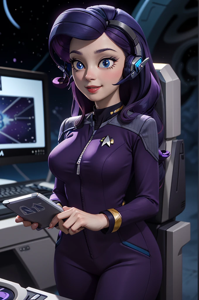 wide shot, ((best quality)), ((highly detailed)), masterpiece, (detailed eyes, deep eyes), (1girl), dynamic angle, cowboy shot, mlprarity, woman, smile, looking at viewer, ((bright purple hair)), ((blue eyes)), Standing next to a computer panel, (((wearing a headphones))), large breasts, realistic proportions, curvy body, lipstick, curvy hips, busty, subtly visible breasts, (((star trek warp core background))), dim lighting, facing computer screen, black uniform, grey shoulders,(((unzipping uniform)))
