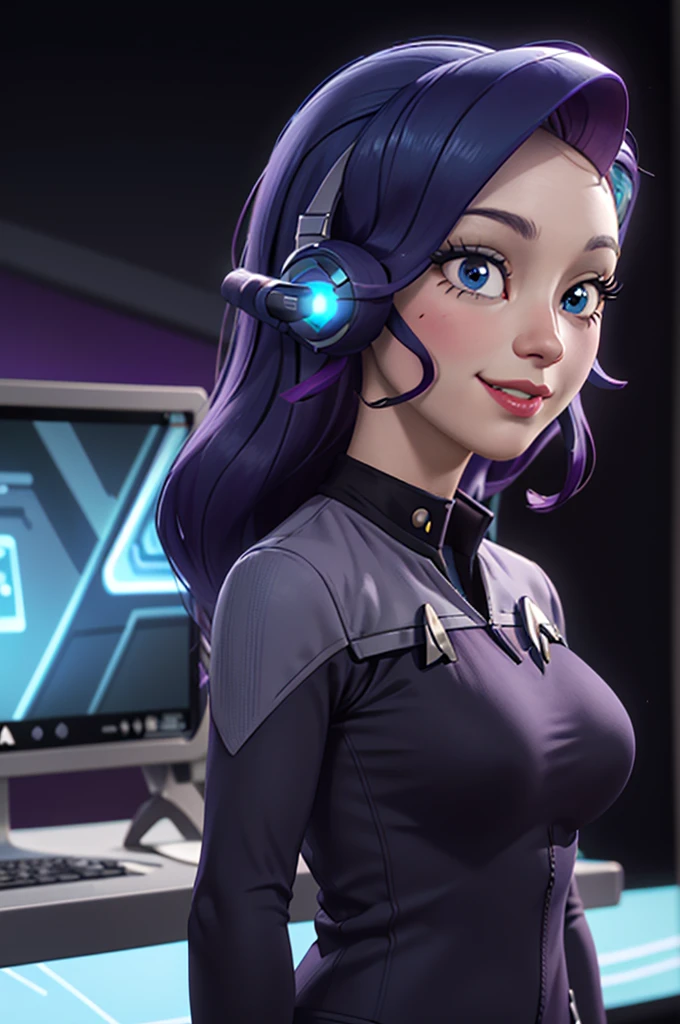 wide shot, ((best quality)), ((highly detailed)), masterpiece, (detailed eyes, deep eyes), (1girl), dynamic angle, cowboy shot, mlprarity, woman, smile, looking at viewer, ((bright purple hair)), ((blue eyes)), Standing next to a computer panel, (((wearing a headphones))), large breasts, realistic proportions, curvy body, lipstick, curvy hips, busty, subtly visible breasts, (((star trek warp core background))), dim lighting, facing computer screen, black uniform, grey shoulders,(((unzipping uniform)))
