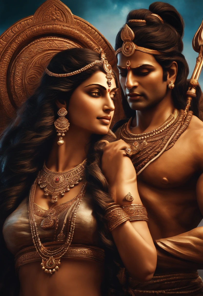 Lord Shiva and goddess Parvati together, the fiercest form of Lord Shiva and goddess Parvati toge, Hyper-realistic, intricate details, Cinematic Lighting, DC Poster like Feel