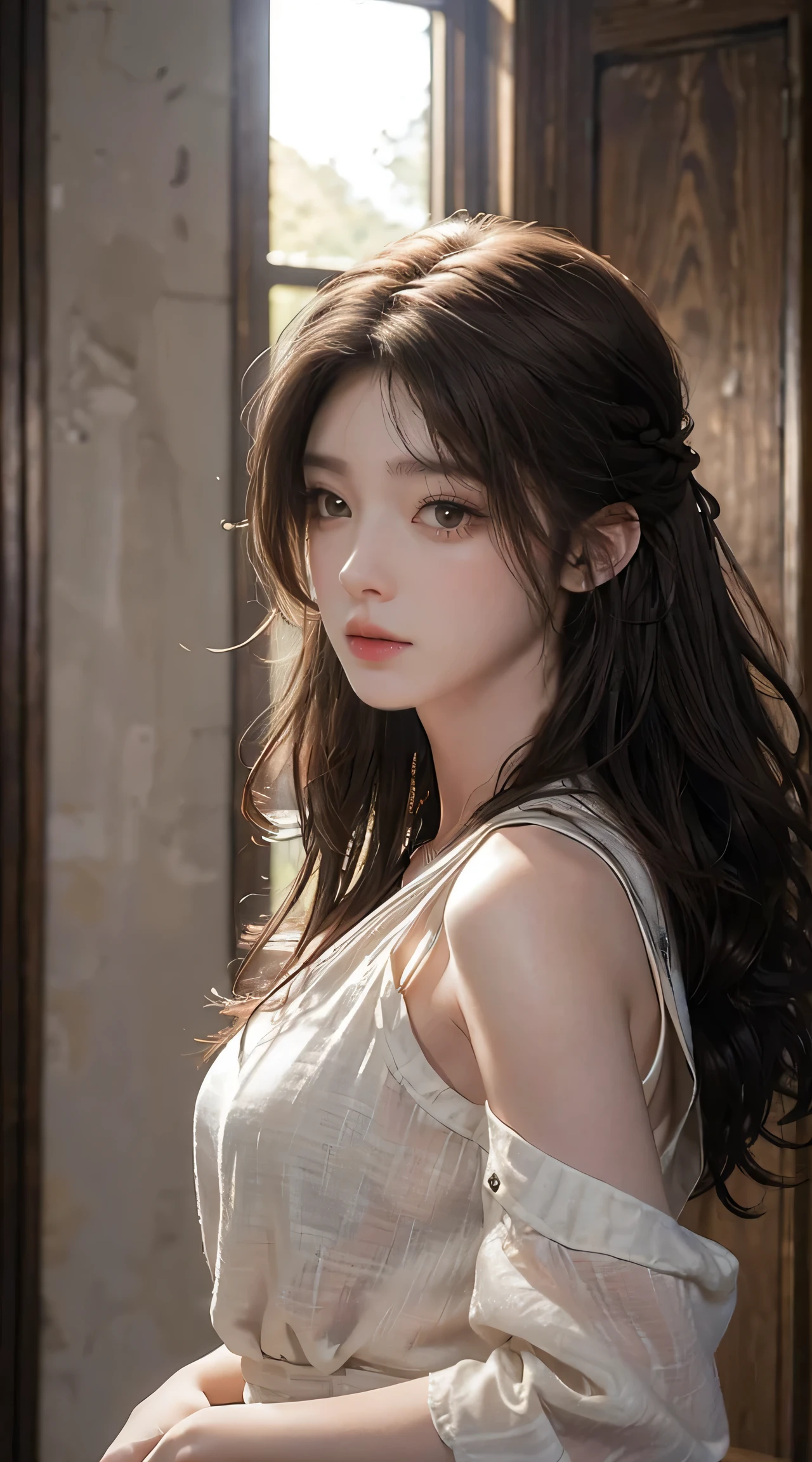 top-quality、masterpiece、超A high resolution、(Photorealsitic:1.5)、Raw foto、1girl in、off shoulderurky、deep-shadows、Unobtrusive、cold light、sexy appearance、Brown curly hair、Middle hair
