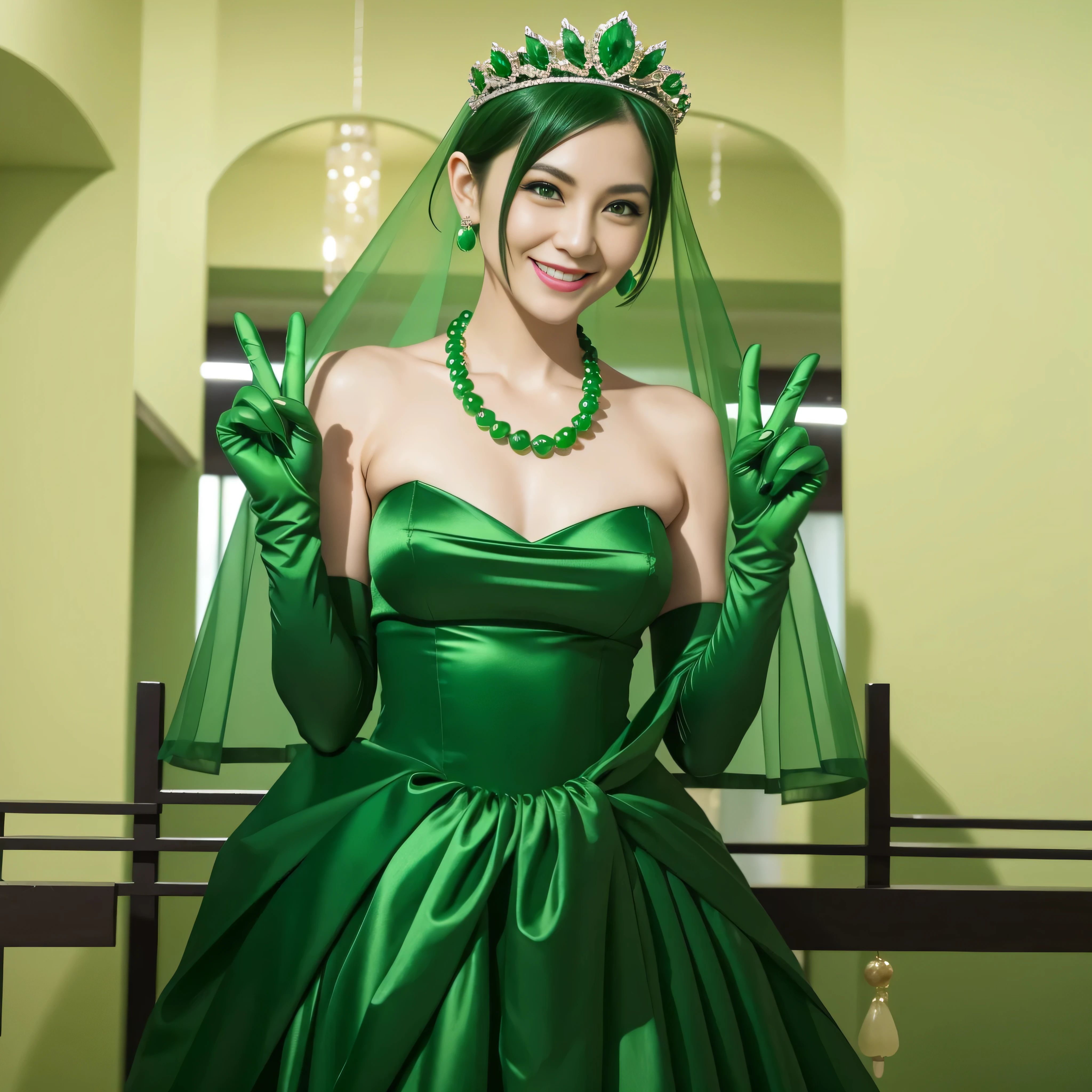 Emerald tiara, Green Pearl Necklace, Boyish very short green hair, lipstick, Smiling Japanese woman in her 30s, Very short hair, Big and beautiful, Green Eyes, Long green satin gloves, Big Breasts, v sign, Emerald Earrings, Green veil