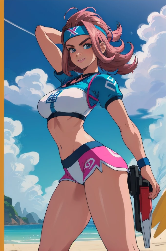 safe for work,(perfect composition),imagined a girl in extreme sport outfit playing to a flying disc game in a beach arena game sport, masterpiece, ultra-detailed, 80's anime (style), 2D, megapixel, perfectionism, full HD , 4K, (windjammers), windjammers sport game, windjammers 2 (((((solo mature anime woman,)))))++++++++++++++++++, looking at viewer, full body, brown hair and pink hair, short hair, weird hair, smile, lips, eyelashes, medium breasts, gym uniform, uniform, gym shorts, headband, sports bra, elbow pad, knee pad, extreme sports outfit 80's theme, beach background, playing flying disc game on a beach court game, sea, sun in the sky, sports wear